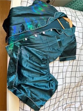 Amazon Women's Teal Satin Pajama Set with White Piping